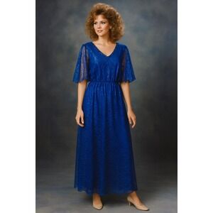 Mike Benet Formal Sequins Blue Lace Sheer‎ V-Neck Evening Gown Dress Vtg 80s